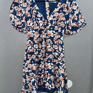 Astr Blue Floral Dress with Puff Sleeves